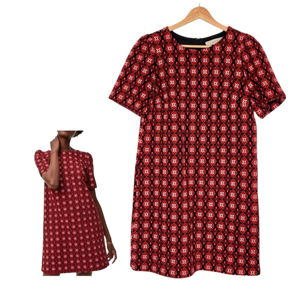 Loft Jacquard Medallion Black/Red/White Shift Dress Size Small Short Sleeves
